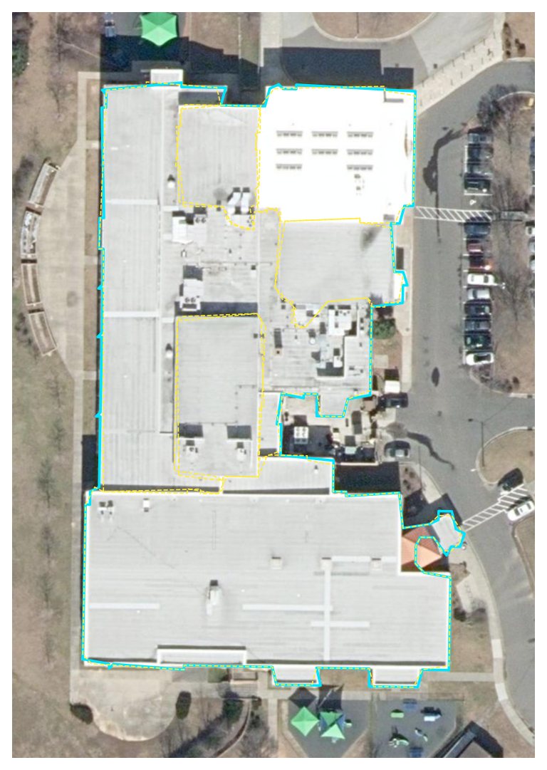 Public aerial of a school roof with the LiDAR-traced roof outline in cyan and roof sections in yellow